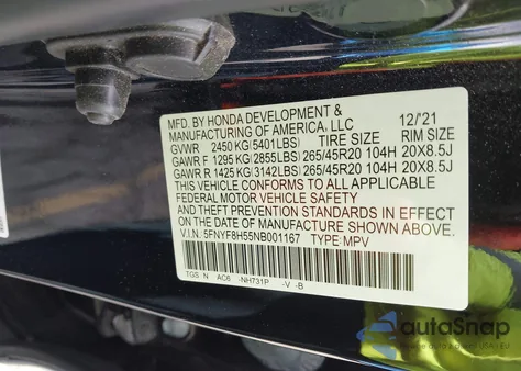 2022 Honda Passport Awd Ex-L from USA, damaged, VIN 5FNYF8H55NB001167